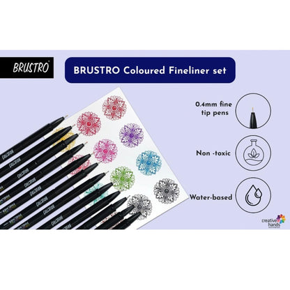 BRUSTRO Coloured Fineliner set of 12, 0.4mm with free Bristol ultra smooth paper A5 pack 24 sheets 