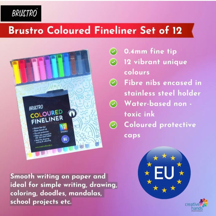 BRUSTRO Coloured Fineliner set of 12, 0.4mm with free Bristol ultra smooth paper A5 pack 24 sheets 