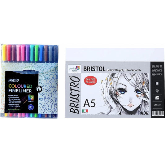 BRUSTRO Coloured Fineliner set of 12, 0.4mm with free Bristol ultra smooth paper A5 pack 24 sheets 