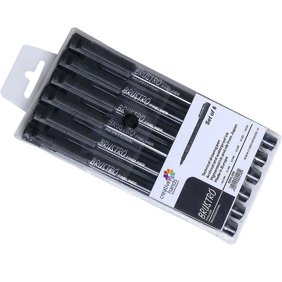 BRUSTRO Professional Pigment Based Fineliner - Set of 6 (Black)