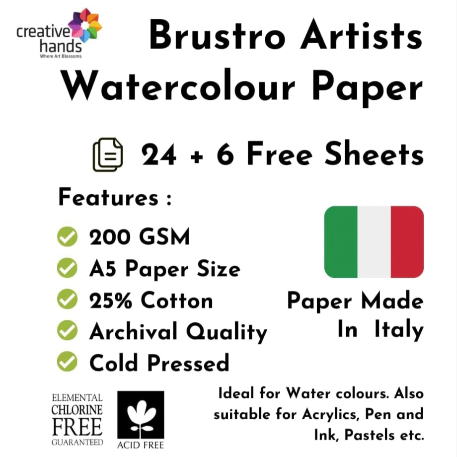 Brustro Artists Watercolour Paper 200 GSM A5-25% Cotton Cold Pressed 24+6 sheets