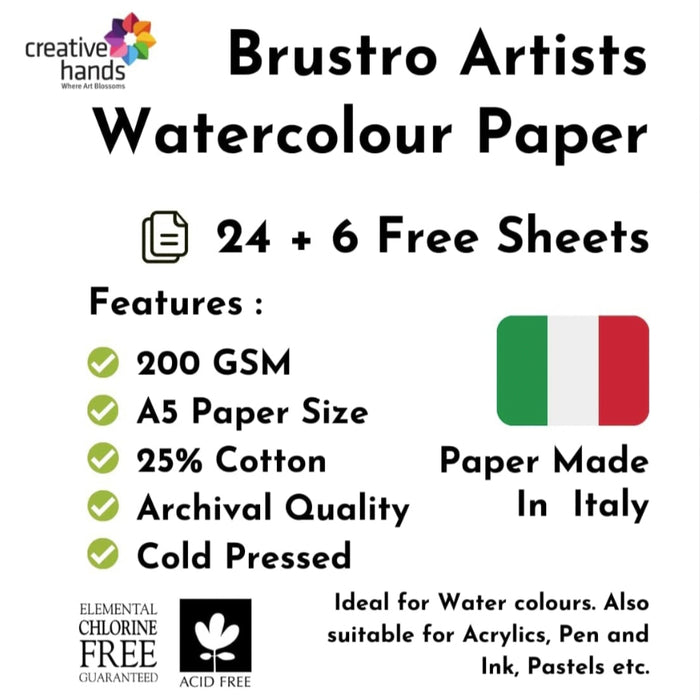Brustro Artists Watercolour Paper 200 GSM A5-25% Cotton Cold Pressed 24+6 sheets