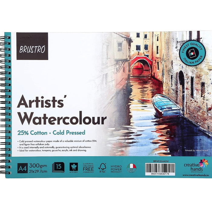 BRUSTRO Artist Watercolour Pad 25% Cotton 300 GSM A4 Wiro - 15 Sheets