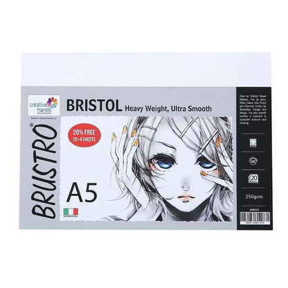 Brustro Ultra Smooth Bristol Sheets, A5 Size, 250 GSM Pack of 20 + 4 Free Sheets