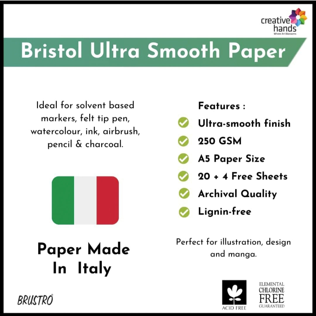 Brustro Ultra Smooth Bristol Sheets, A5 Size, 250 GSM Pack of 20 + 4 Free Sheets