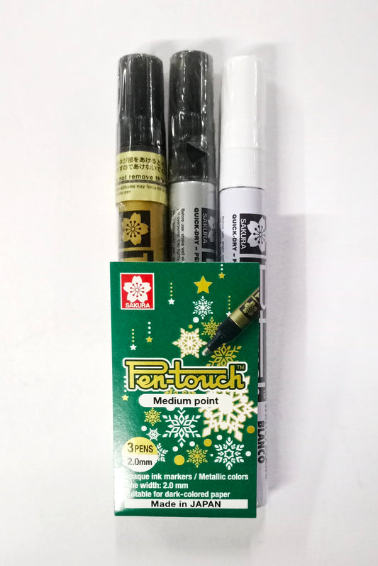 Sakura Pen-touch Permanent Markers - Pack of 3 markers - Gold, Silver & White (Medium Point, 2.0 mm)