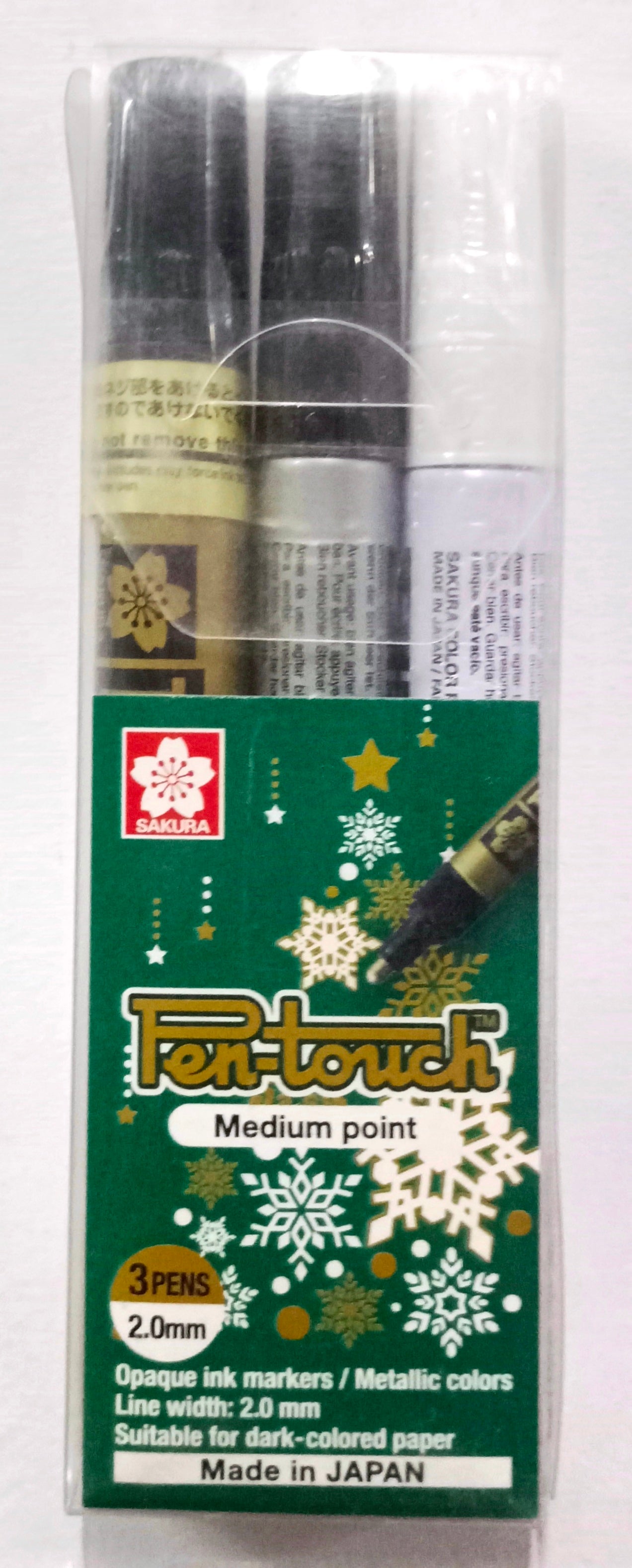 Sakura Pen-touch Permanent Markers - Pack of 3 markers - Gold, Silver & White (Medium Point, 2.0 mm)