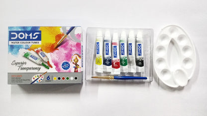 Doms Water Colour Tube Set in Cardboard Box (6 Assorted Shades, 1 Paint Brush & 1 Palette)