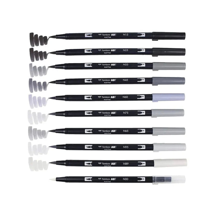 Tombow ABT Dual Brush Pen set of 10, GRAYSCALE