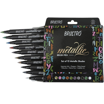 BRUSTRO Metallic Brush Pens - Soft Brush Tip for Calligraphy, Hand Lettering, Colouring, Scrapbooking, Card Making - Set of 10 Colors.