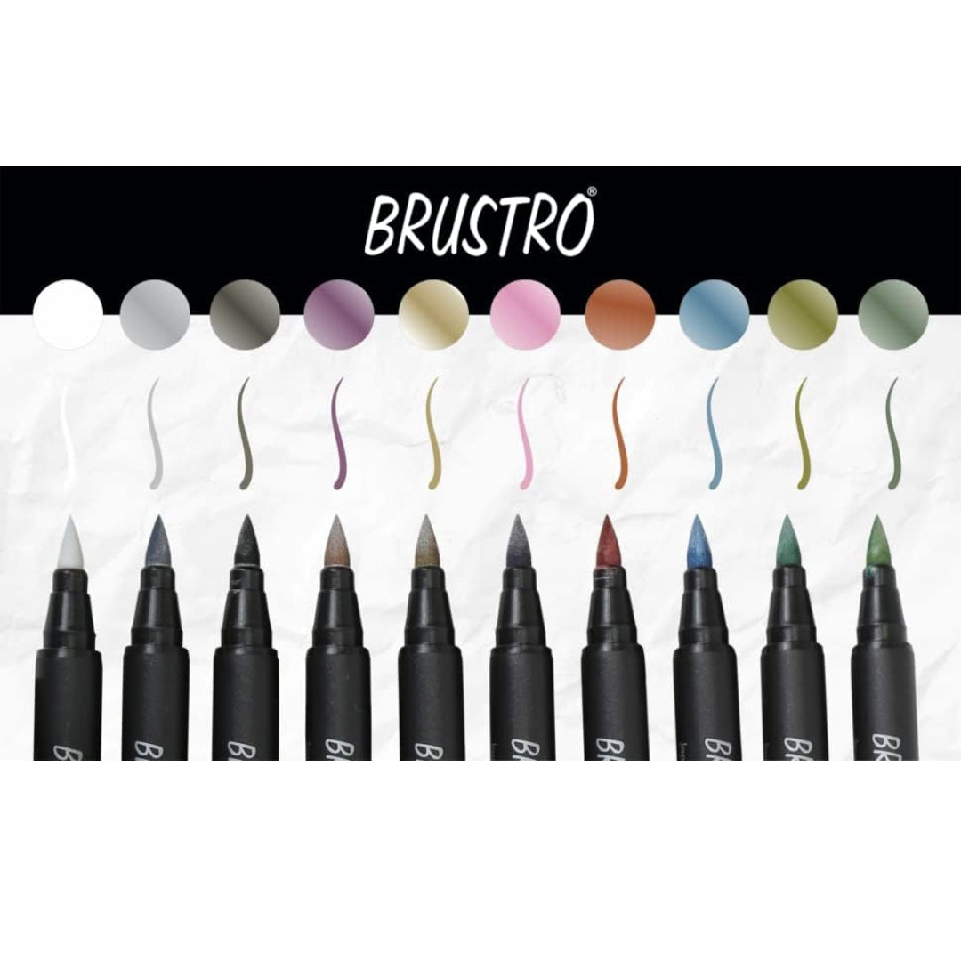 BRUSTRO Metallic Brush Pens - Soft Brush Tip for Calligraphy, Hand Lettering, Colouring, Scrapbooking, Card Making - Set of 10 Colors.