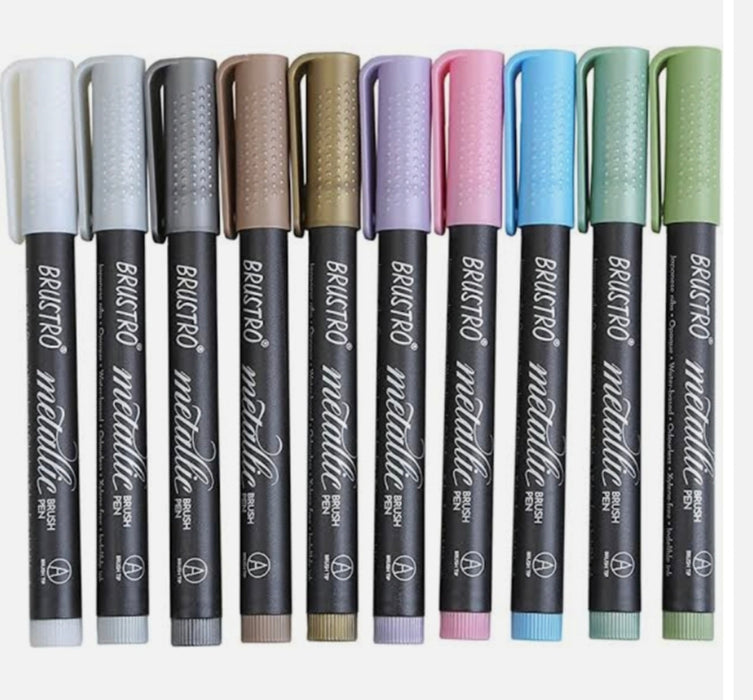 BRUSTRO Metallic Brush Pens - Soft Brush Tip for Calligraphy, Hand Lettering, Colouring, Scrapbooking, Card Making - Set of 10 Colors.