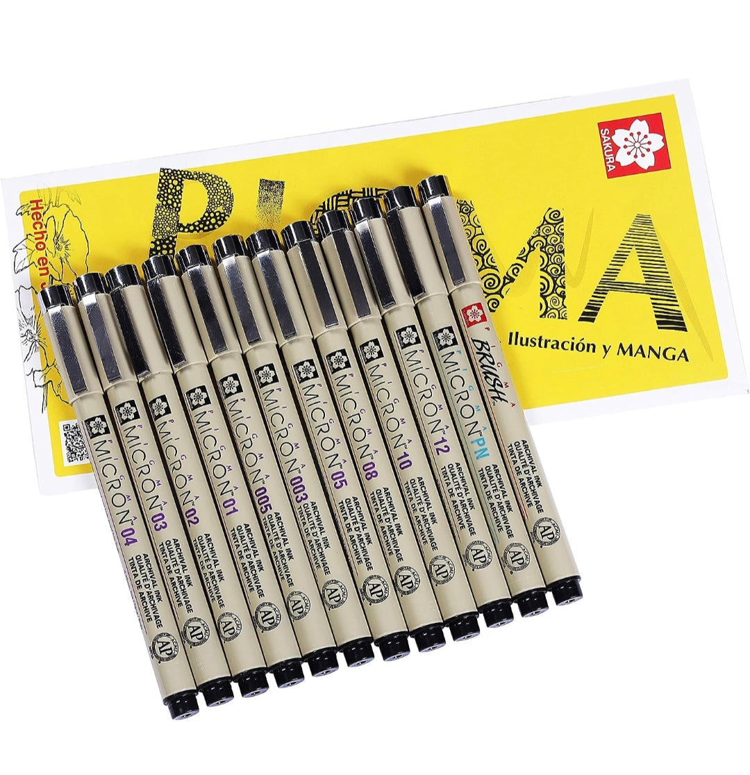 Sakura Pigma Micron Fineliners Set of 12 Assorted Nibs Black