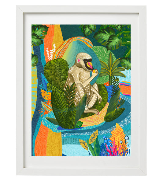 Tropical Mandrill Wall Art Print | Vibrant Jungle Animal Illustration | Colorful Wildlife Artwork