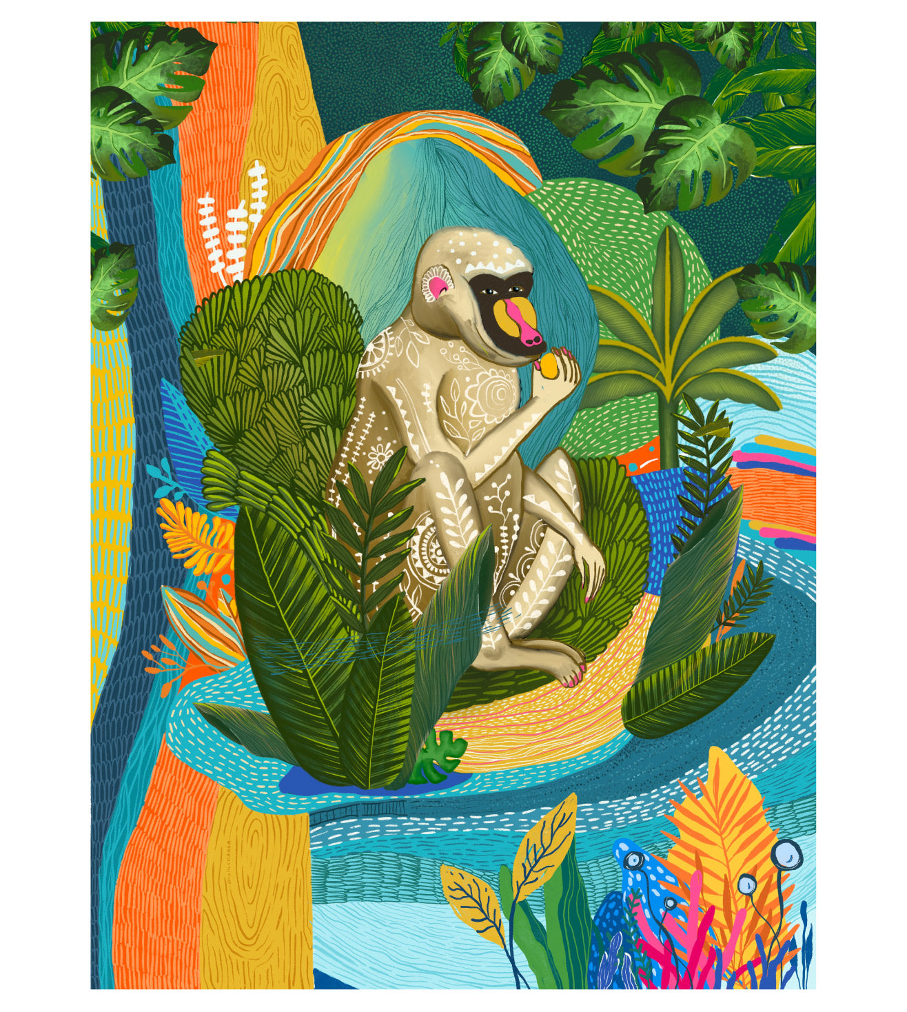 Tropical Mandrill Wall Art Print | Vibrant Jungle Animal Illustration | Colorful Wildlife Artwork