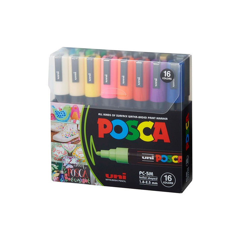 Uni-ball POSCA Marker 5M 1.8-2.5 mm Bullet Shaped Paint Marker Pen | Reversible & Washable Tips| 16 Shades, Pack of 16