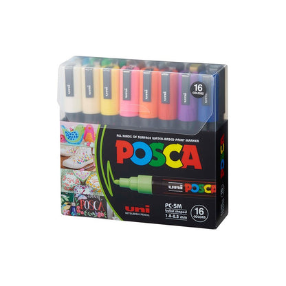 Uni-ball POSCA Marker 5M 1.8-2.5 mm Bullet Shaped Paint Marker Pen | Reversible & Washable Tips| 16 Shades, Pack of 16