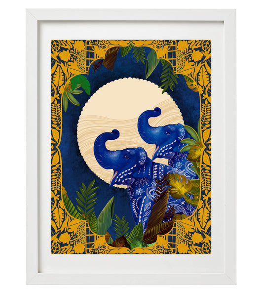 Royal Elephants Blue Wall Art Print | Majestic Elephant Artwork | Colorful Jungle Wildlife Illustration Decor