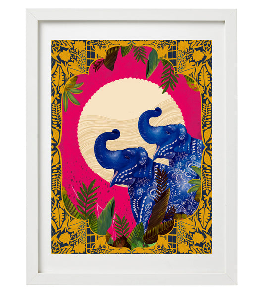 Royal Elephants Magenta Wall Art Print | Vibrant Elephant Artwork | Colorful Jungle Wildlife Illustration Decor