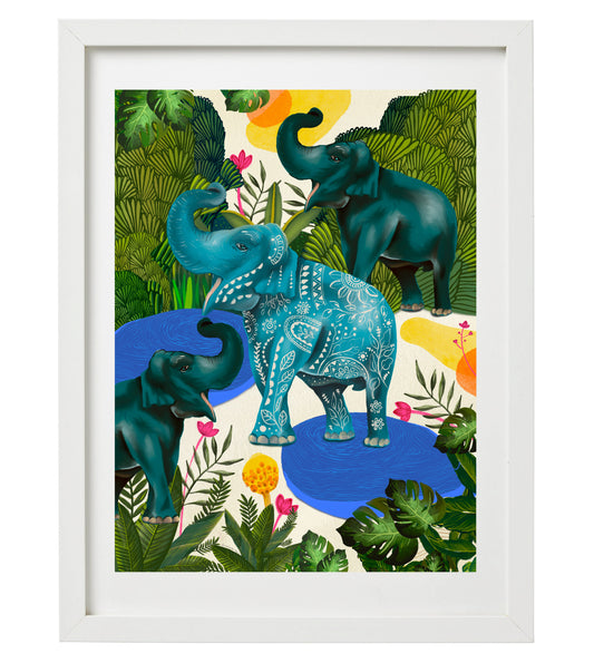 Elephants Together Wall Art Print | Family of Elephants Artwork | Colorful Wildlife Jungle Illustration Decor