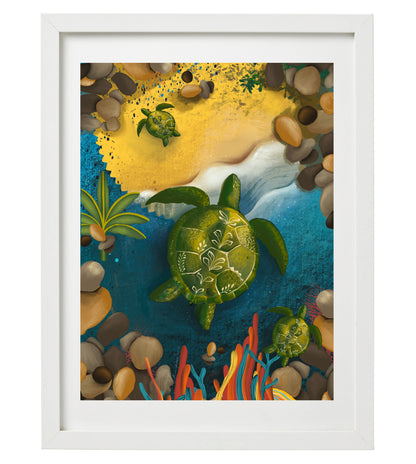 Turtle on the Shore Wall Art Print | Sea Turtle Beach Artwork | Coastal Ocean Animal Home Decor