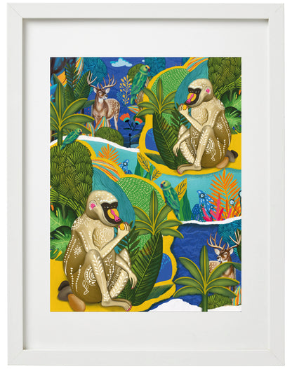 Two Mandrills Wall Art Print | Tropical Mandrill Illustration | Jungle Wildlife Collage Artwork