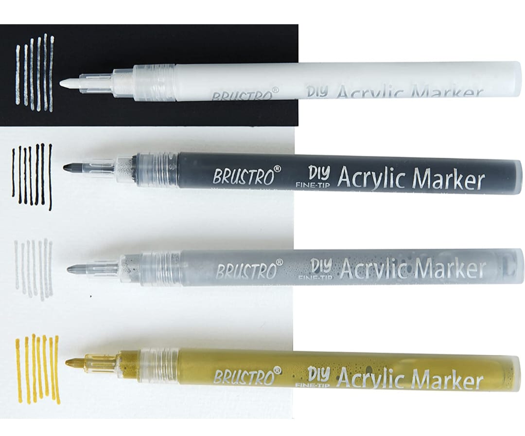 BRUSTRO Acrylic (DIY) Fine Tip Marker Set of 4 - Gold, Silver, Black, White 0.8MM, for Craftworks, School Projects, and Other Presentations