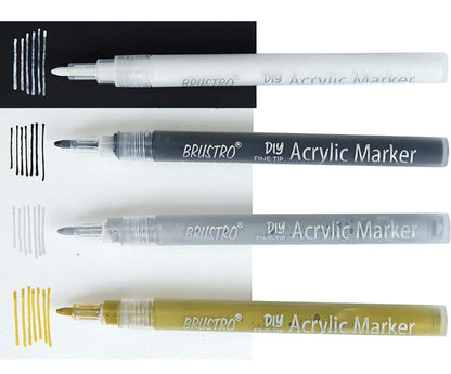 BRUSTRO Acrylic (DIY) Fine Tip Marker Set of 4 - Gold, Silver, Black, White 0.8MM, for Craftworks, School Projects, and Other Presentations