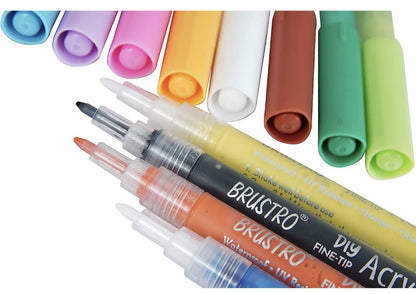 BRUSTRO Acrylic (DIY) Fine Tip Marker Set of 12 - Basic 0.8MM for Craftworks, School Projects, and Other Presentations