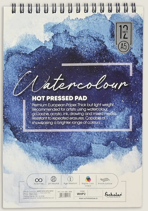 Scholar Watercolour Hot Pressed Paper Pad (12 Sheets, 300 GSM Thick Professional Watercolour Paper) (A5)