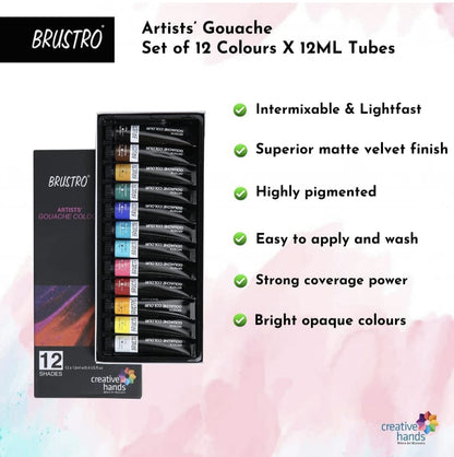 BRUSTRO Artists Gouache Colour Set of 12 Colours X 12ML Tubes.