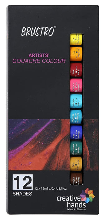 BRUSTRO Artists Gouache Colour Set of 12 Colours X 12ML Tubes.