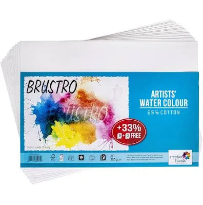 Brustro Artists Watercolour Paper, 300 GSM, A4, 25% Cotton, Cold Pressed, 9 + 3 Sheets Free (12 Sheets / 24 Pages)