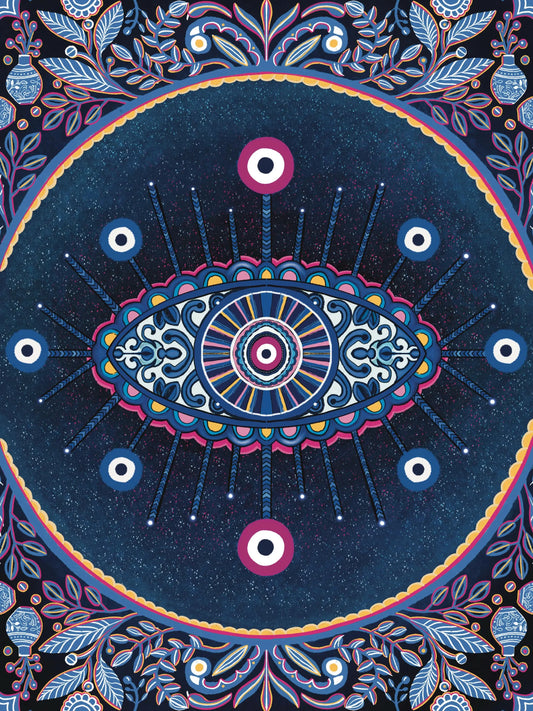 Celestial Evil Eye Wall Art Print | Cosmic Mandala & Floral Motif Print | Spiritual Blue Protection Decor