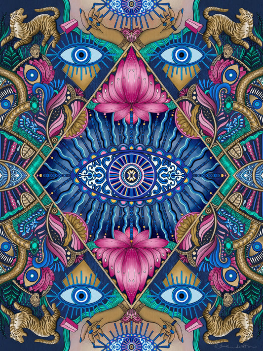 Ornate Evil Eye & Tiger Wall Art Print | Mystic Hands Gemstone, Lotus Vibrant Print | Spiritual Colorful Boho Decor