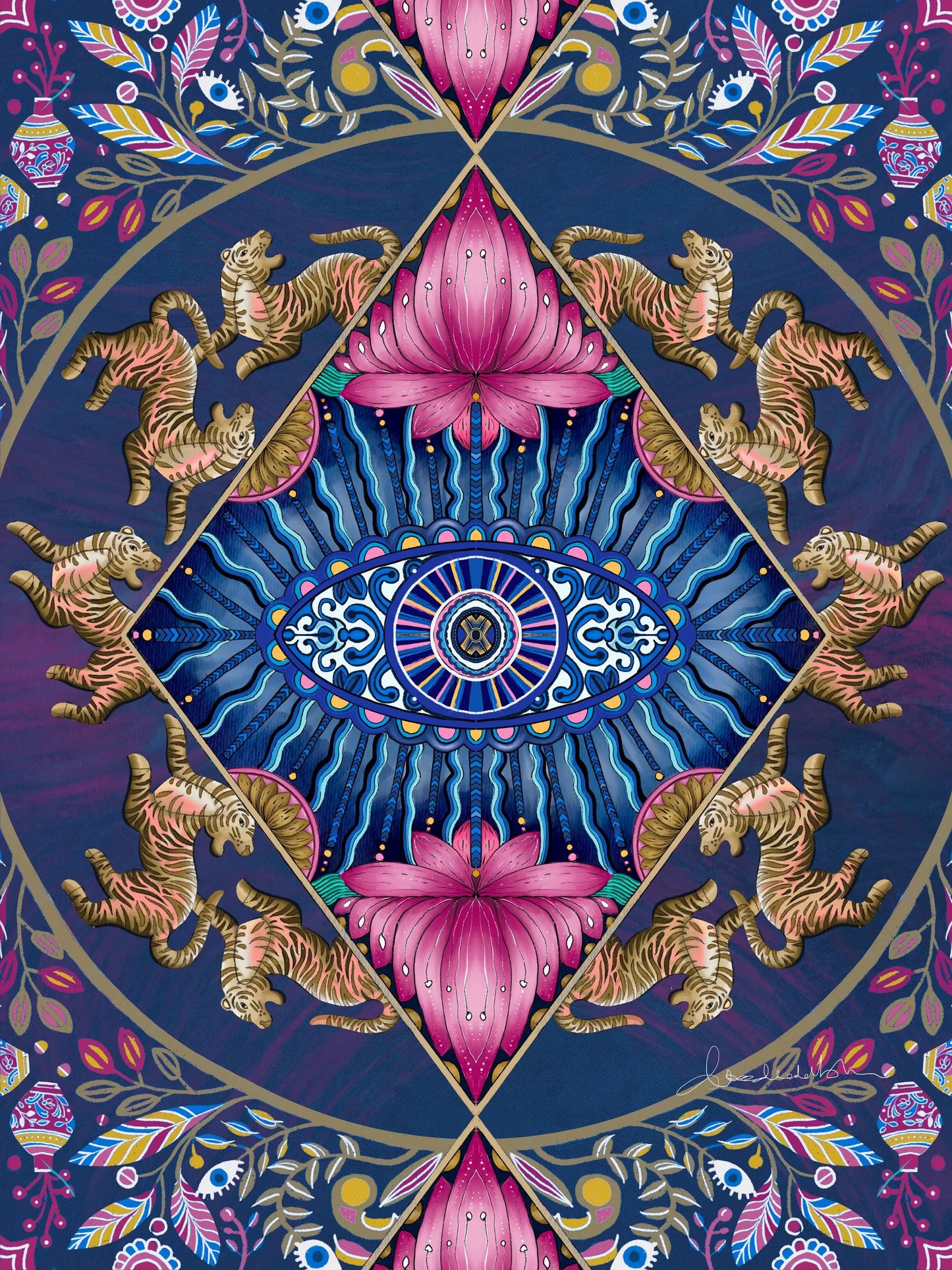 Mystical Evil Eye, Tiger & Lotus  Wall Art Print | Sacred Lotus Psychedelic Print | Spiritual Evil Eye Wall Decor