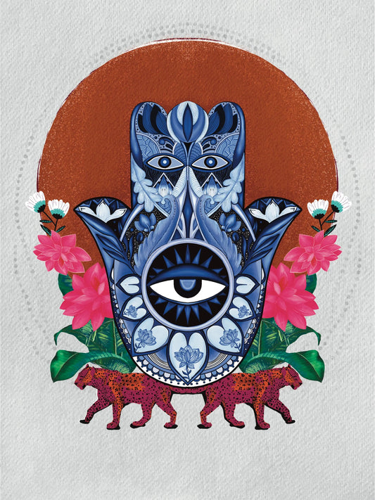Mystical Hamsa Hand Earthy Art print | Evil Eye & Leopard Wall Art | Spiritual Boho Decor
