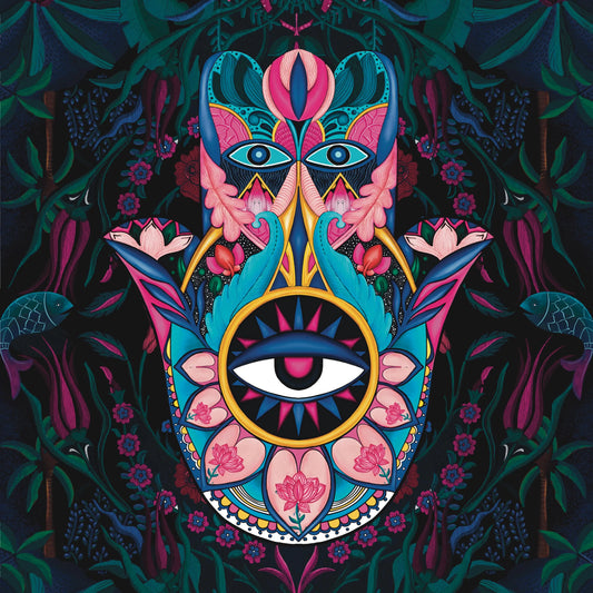 Mystical Hamsa Hand Art Print | Evil Eye & Lotus Protection Art | Vibrant Spiritual Wall Decor