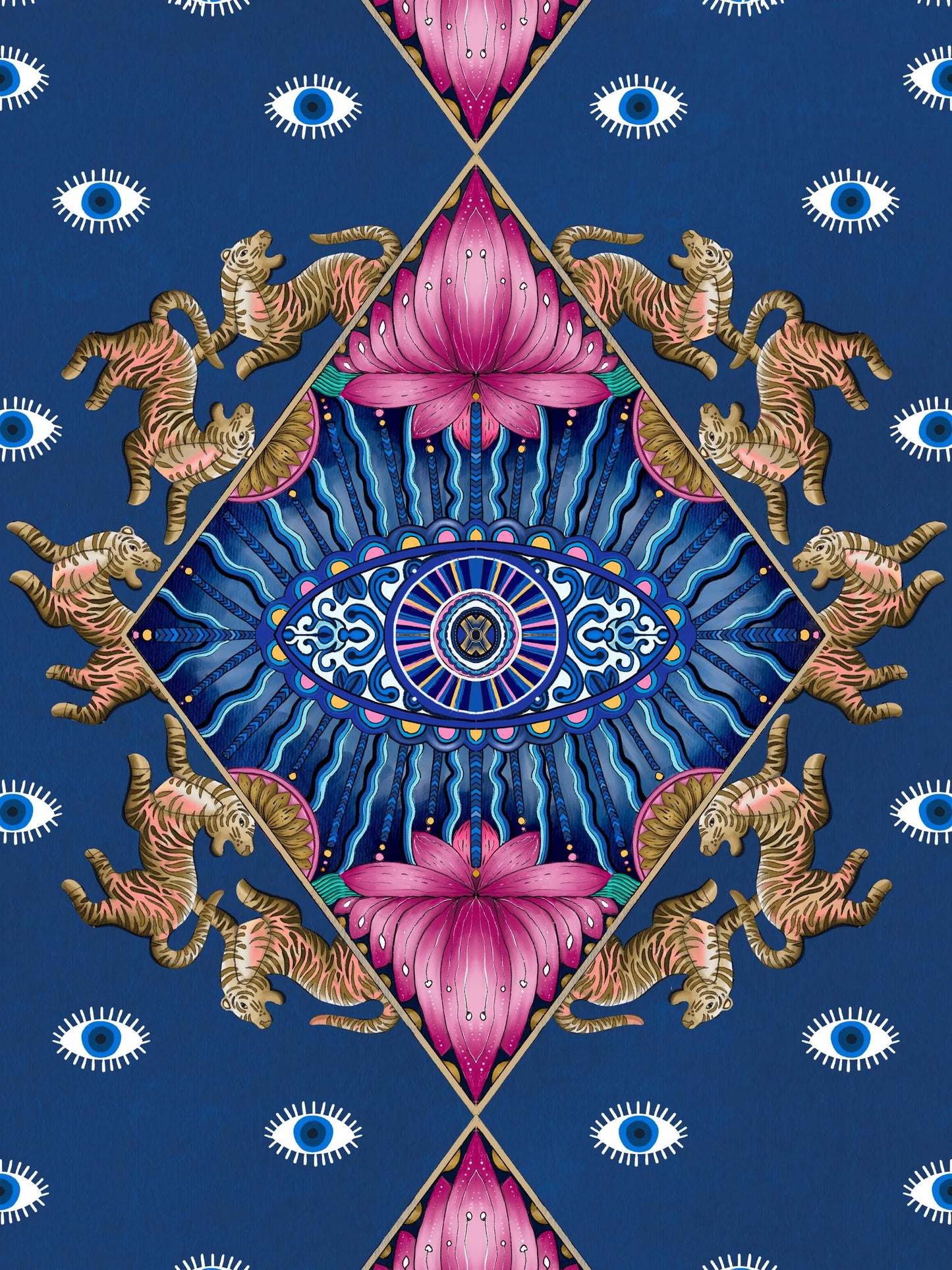 Mystic Evil Eye, Tiger Wall Art Print | Lotus & Evil Eye Pattern Print | Spiritual Boho Decor