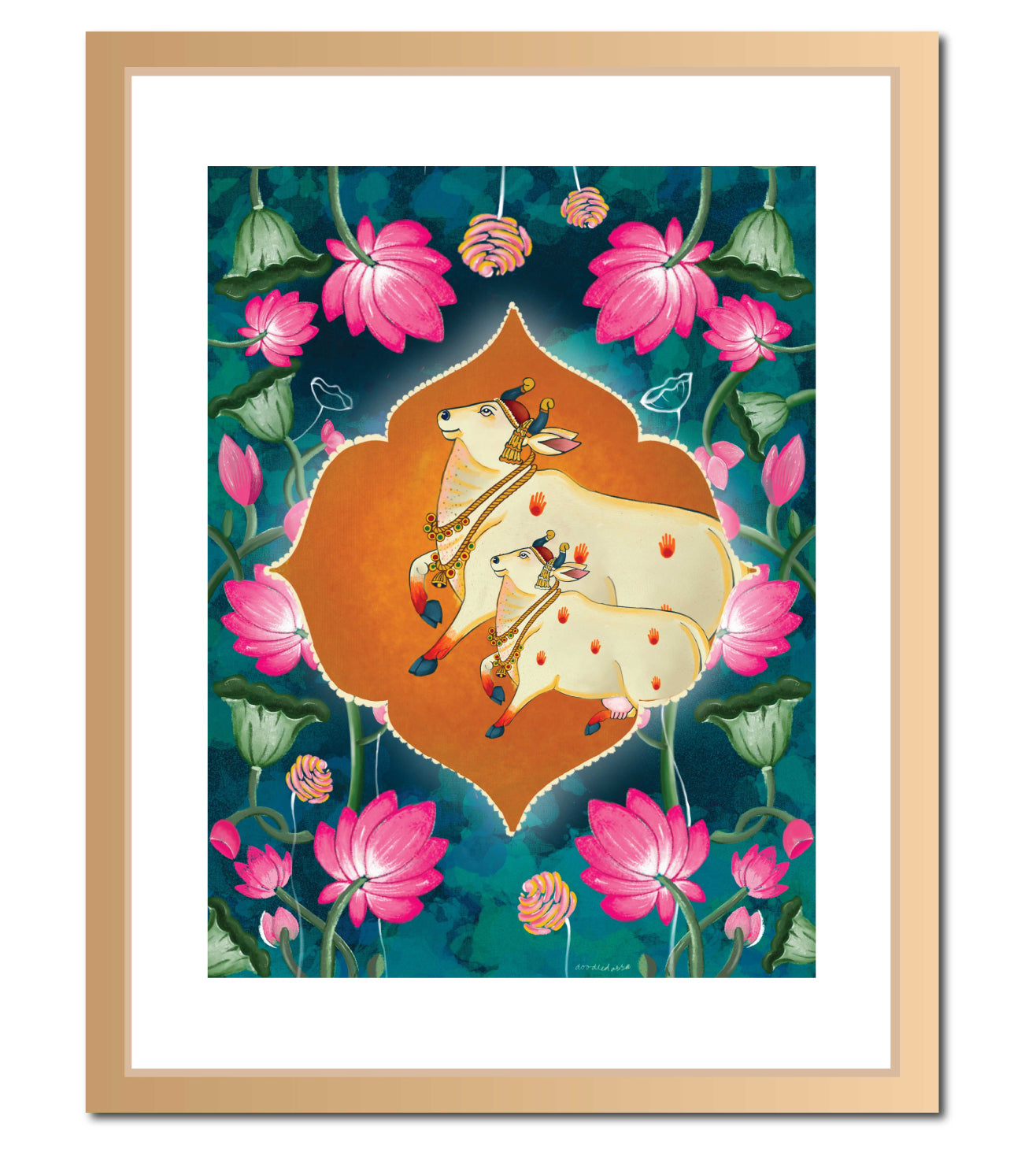 Holy Cow Pichwai Wall Art Print | Pichwai Cow, Lotus & Foliage Motif Art print| Vibrant Indian Spiritual Artwork