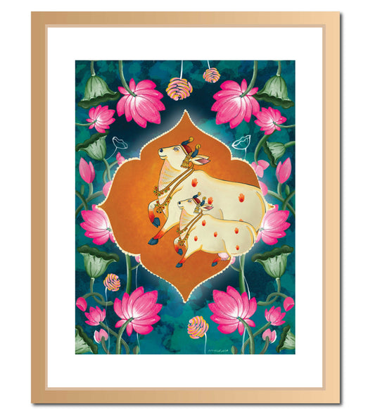 Holy Cow Pichwai Wall Art Print | Pichwai Cow, Lotus & Foliage Motif Art print| Vibrant Indian Spiritual Artwork
