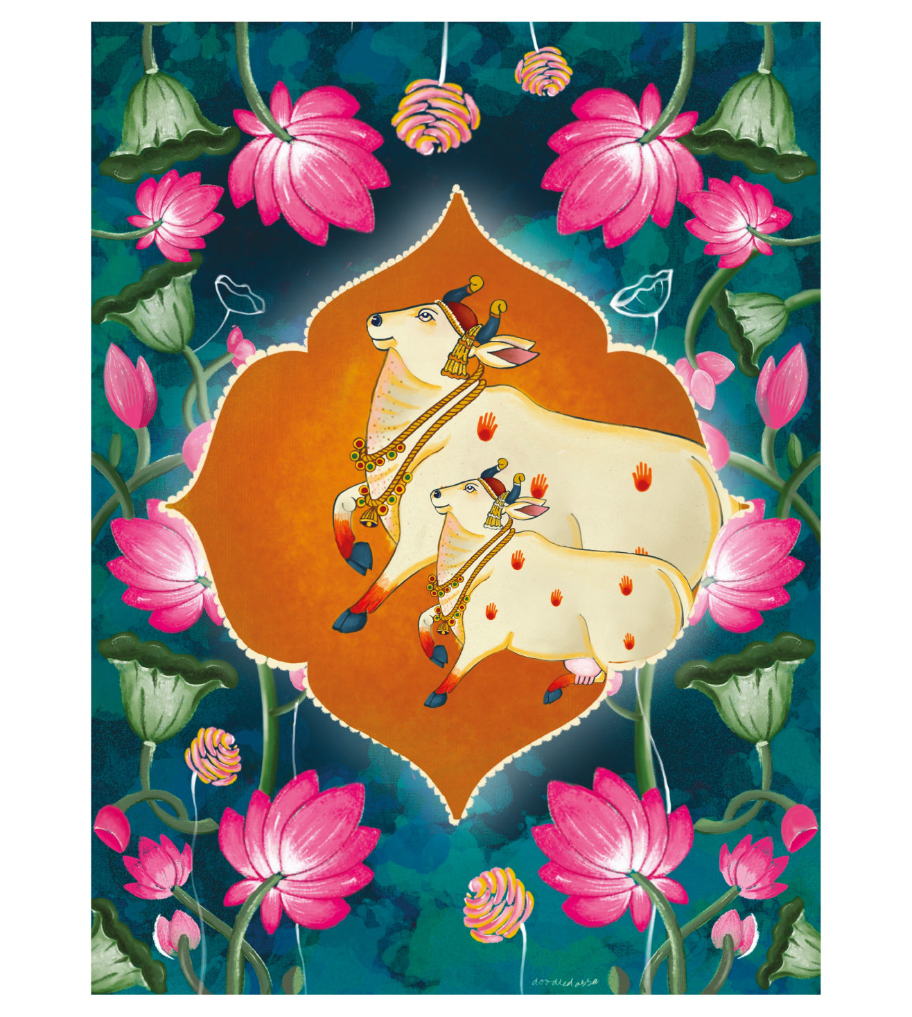 Holy Cow Pichwai Wall Art Print | Pichwai Cow, Lotus & Foliage Motif Art print| Vibrant Indian Spiritual Artwork