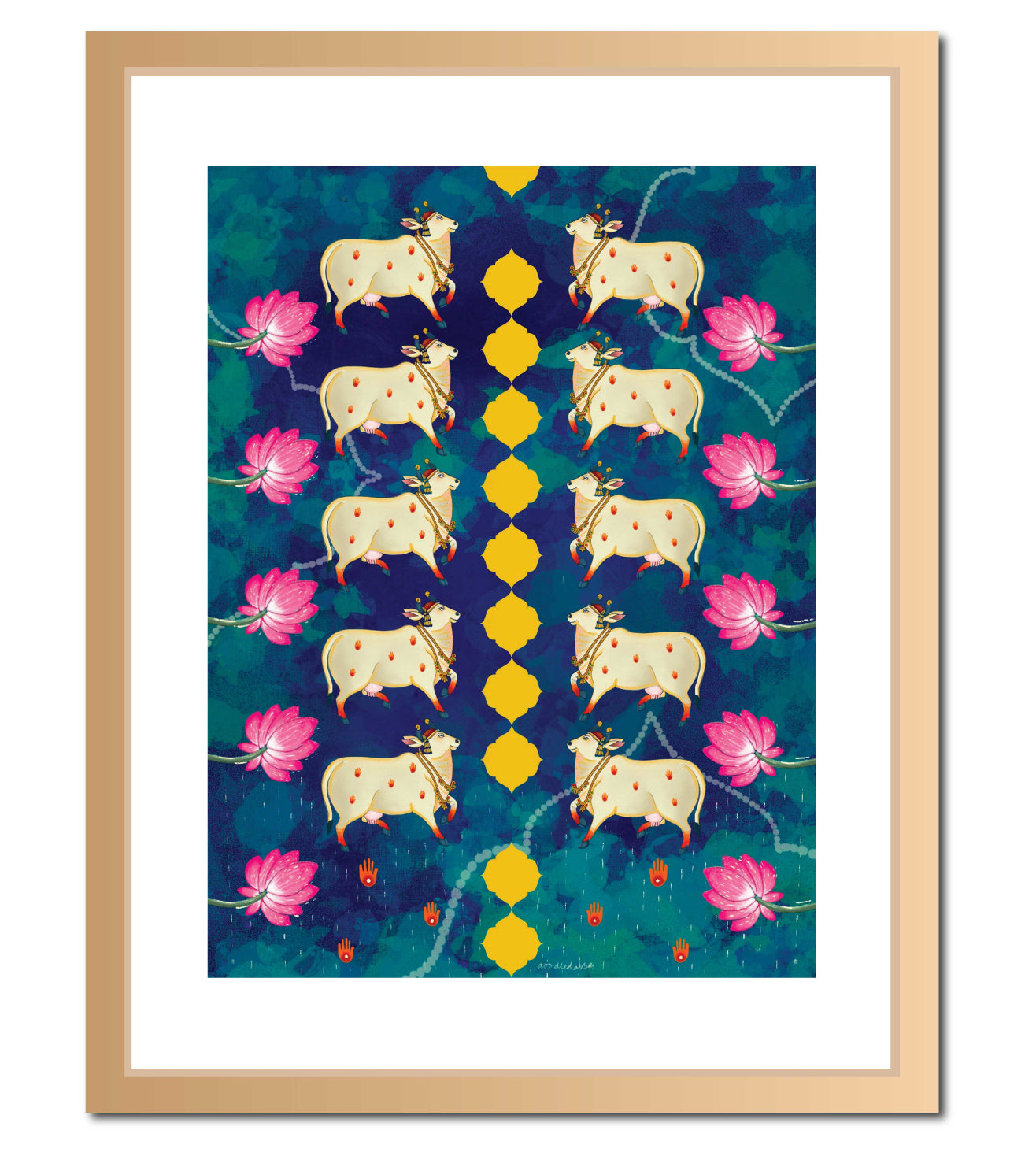 Holy Cow Pichwai Indigo Wall Art Print | Sacred Cow with Lotus Motifs | Indian Spiritual Home Decor