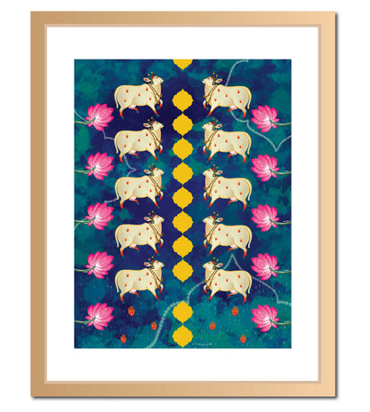 Holy Cow Pichwai Indigo Wall Art Print | Sacred Cow with Lotus Motifs | Indian Spiritual Home Decor