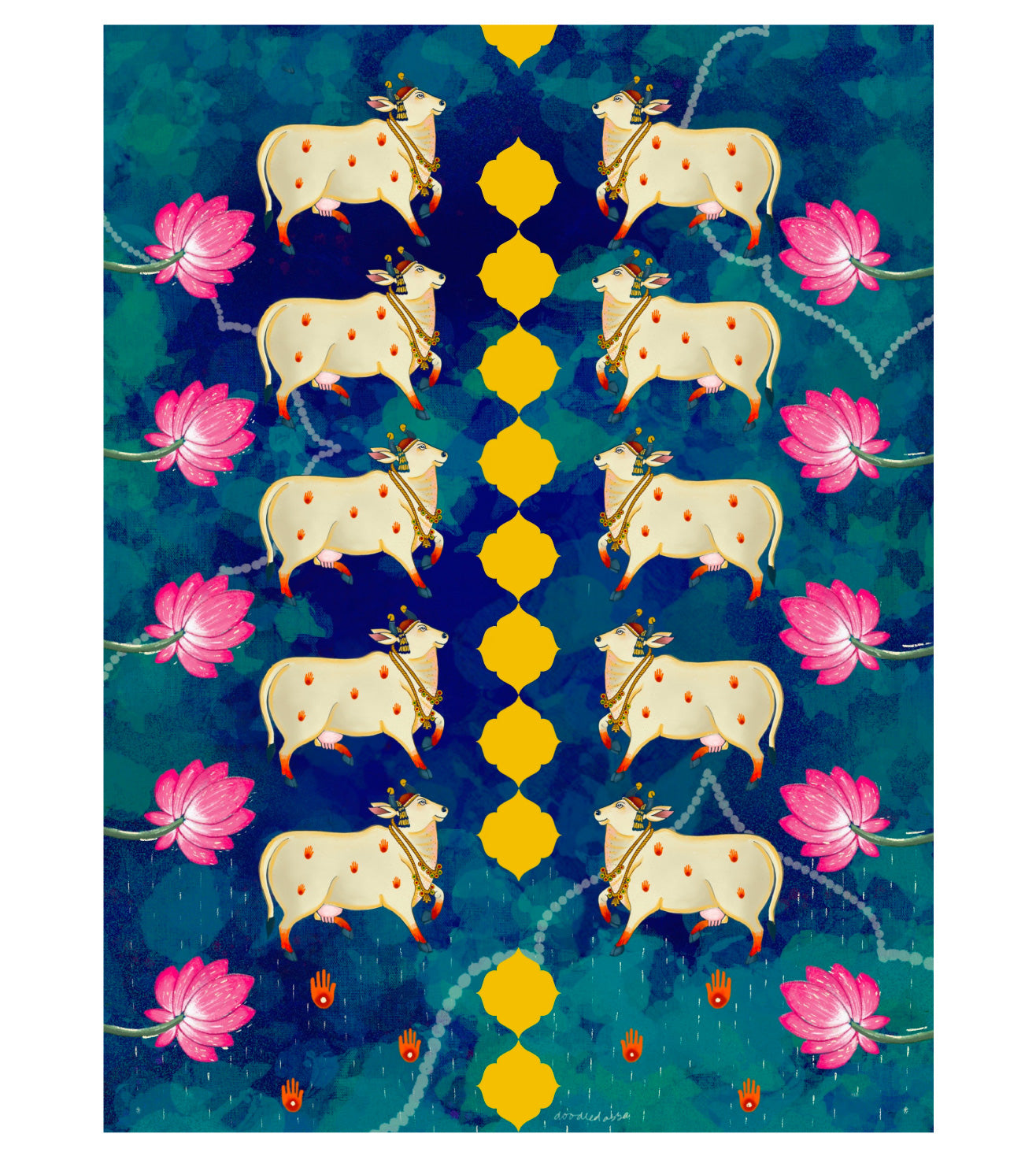 Holy Cow Pichwai Indigo Wall Art Print | Sacred Cow with Lotus Motifs | Indian Spiritual Home Decor