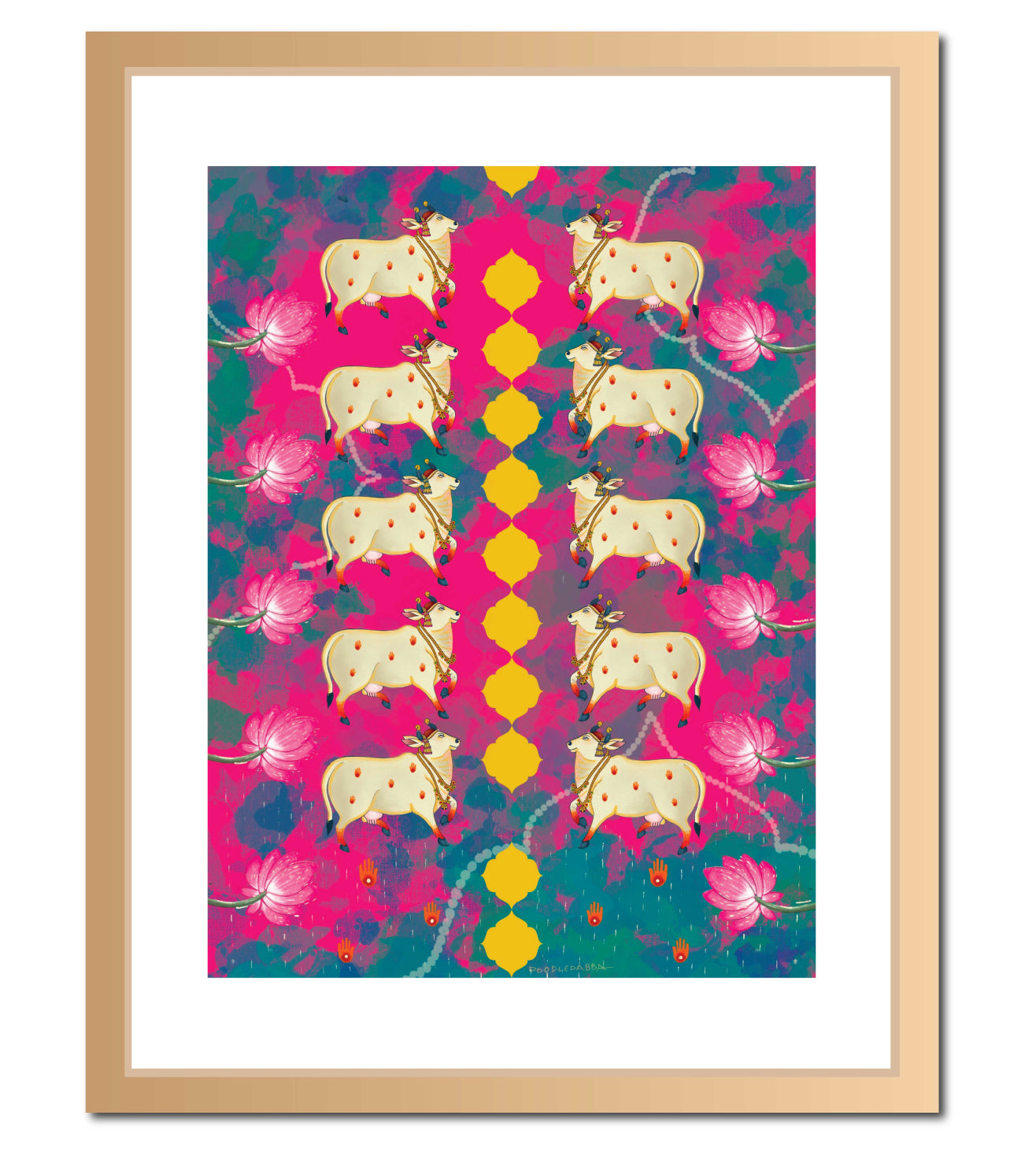 Holy Cow Pichwai Wall Art Print | Sacred Cow with Lotus Motifs | Traditional Indian Spiritual Home Decor