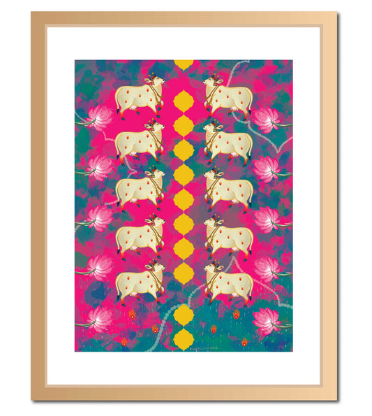 Holy Cow Pichwai Wall Art Print | Sacred Cow with Lotus Motifs | Traditional Indian Spiritual Home Decor