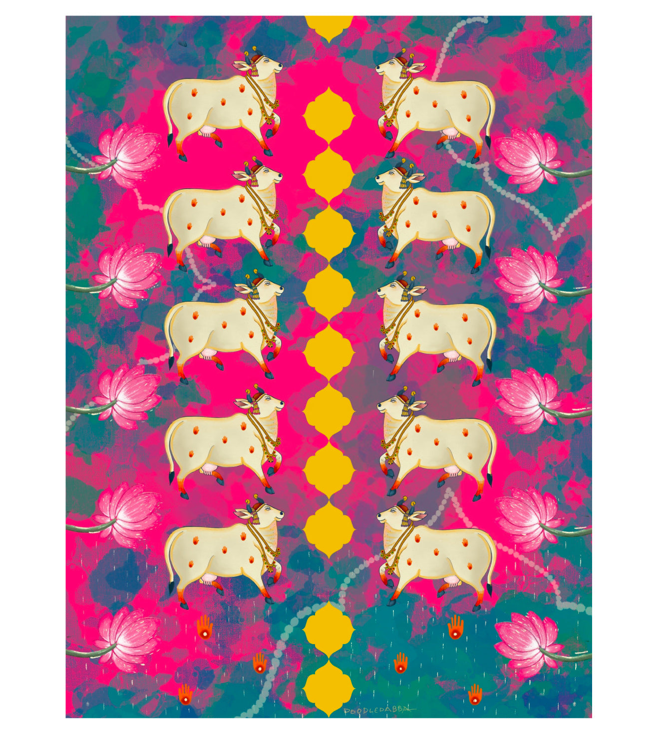 Holy Cow Pichwai Wall Art Print | Sacred Cow with Lotus Motifs | Traditional Indian Spiritual Home Decor