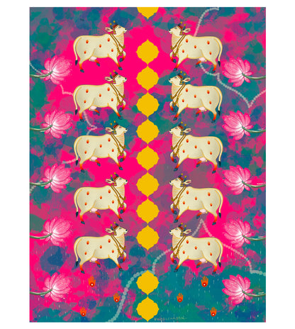 Holy Cow Pichwai Wall Art Print | Sacred Cow with Lotus Motifs | Traditional Indian Spiritual Home Decor
