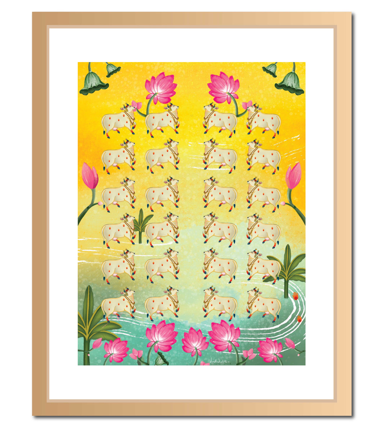 Yellow Holy Cow Pichwai Wall Art Print | Sacred Cow with Lotus Motifs | Vibrant Indian Spiritual Home Decor
